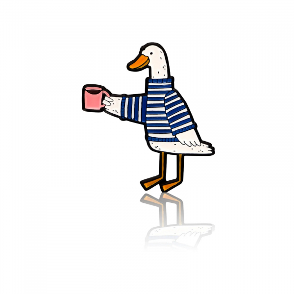 Pinbox - Goose with a cup of coffee - metal brooch