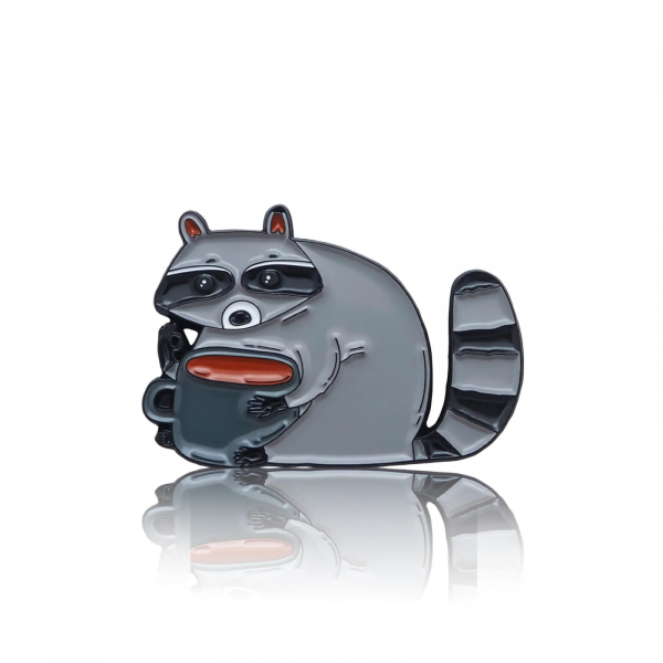 Pinbox - Raccoon with a cup of coffee - metal brooch