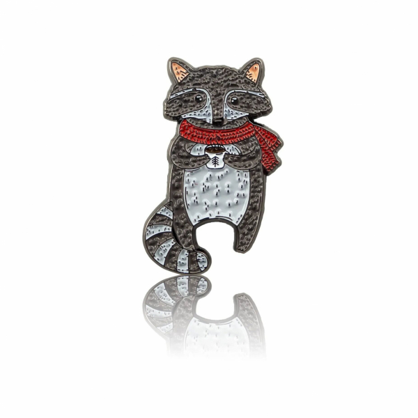 Pinbox - Raccoon in a scarf with a cup of coffee - metal pin