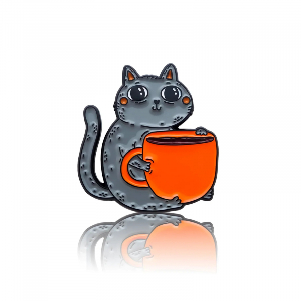 Pinbox - Cat with a cup of coffee - metal brooch