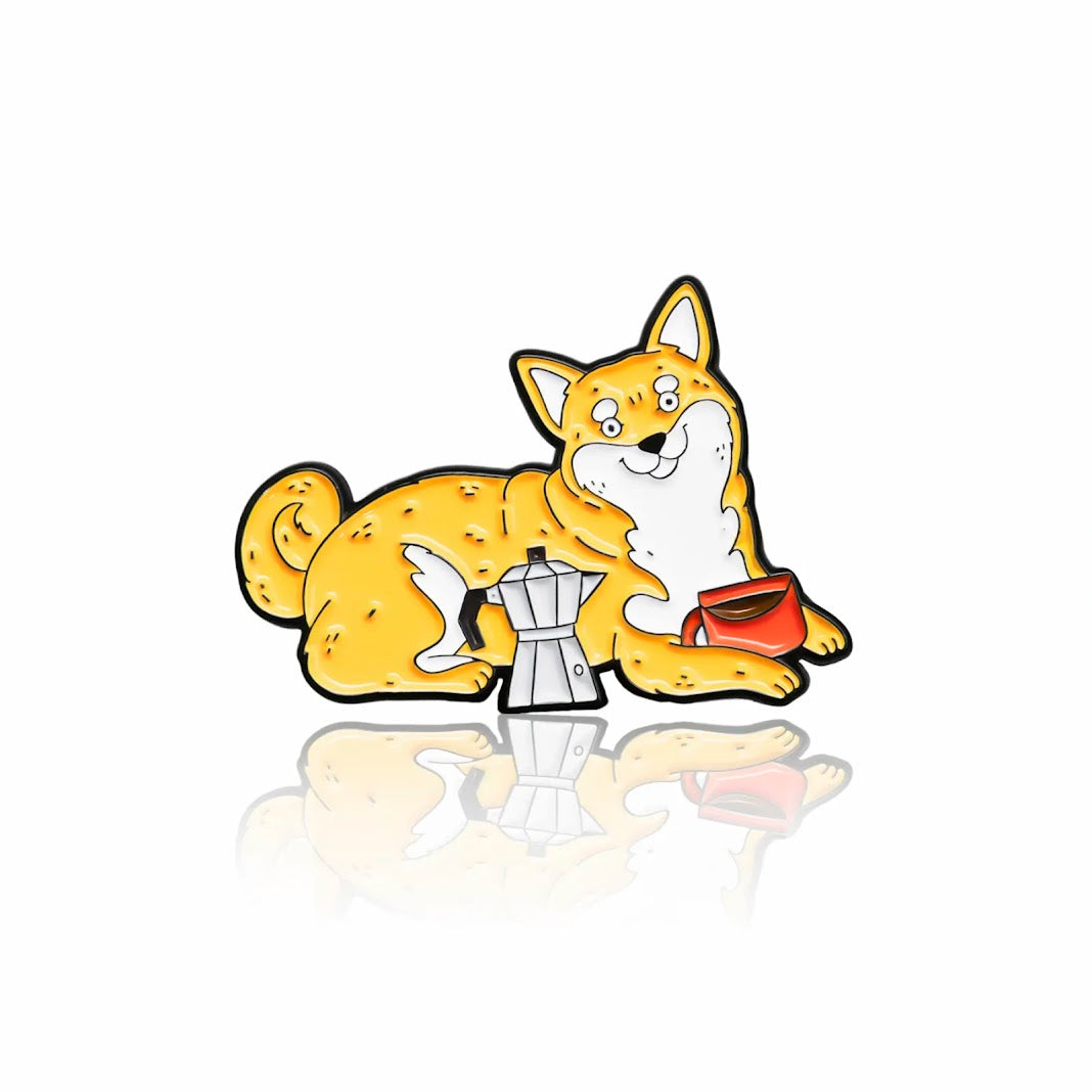 Pinbox - Shiba Inu with coffee cup - enamel pin