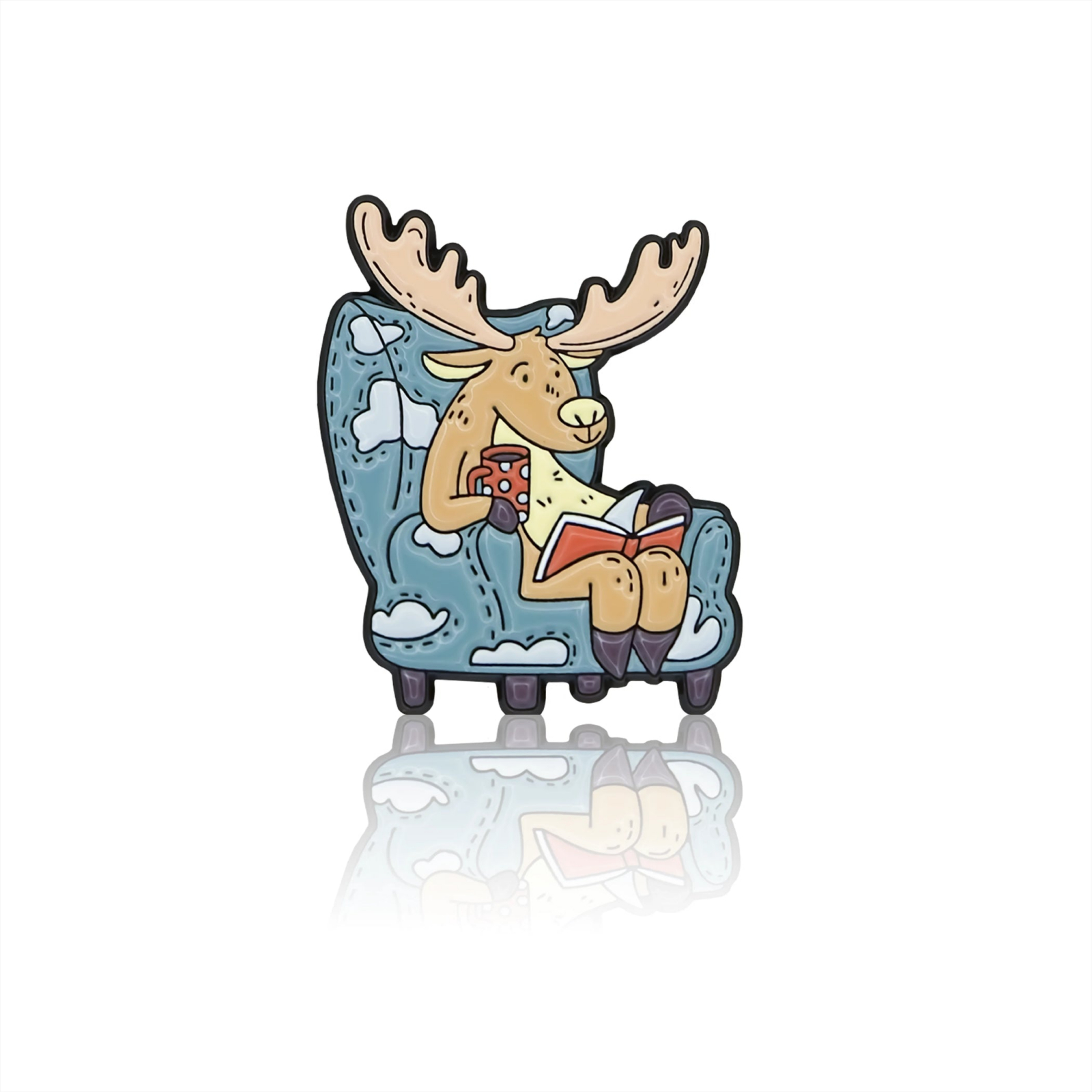 Pinbox - Moose reading a book  - metal brooch