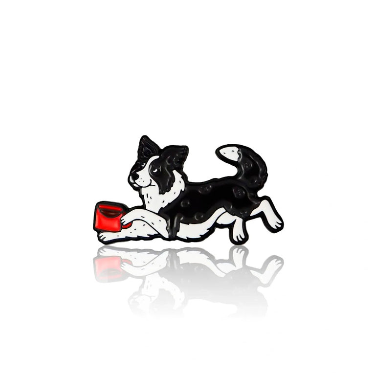 Pinbox - Border collie with a cup of coffee - metal brooch