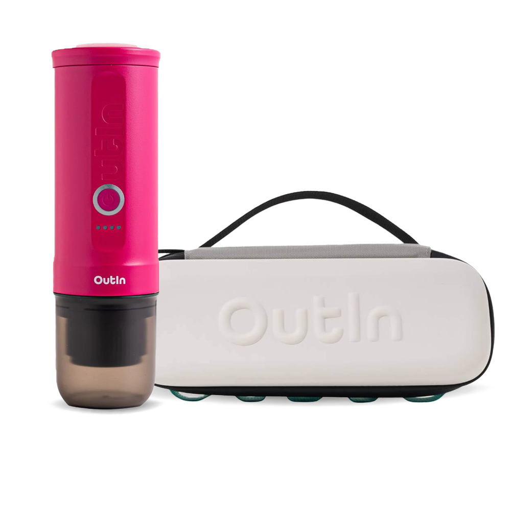 Outin Nano Portable Espresso Machine – Crimson Red + Sand Beige Travel Case