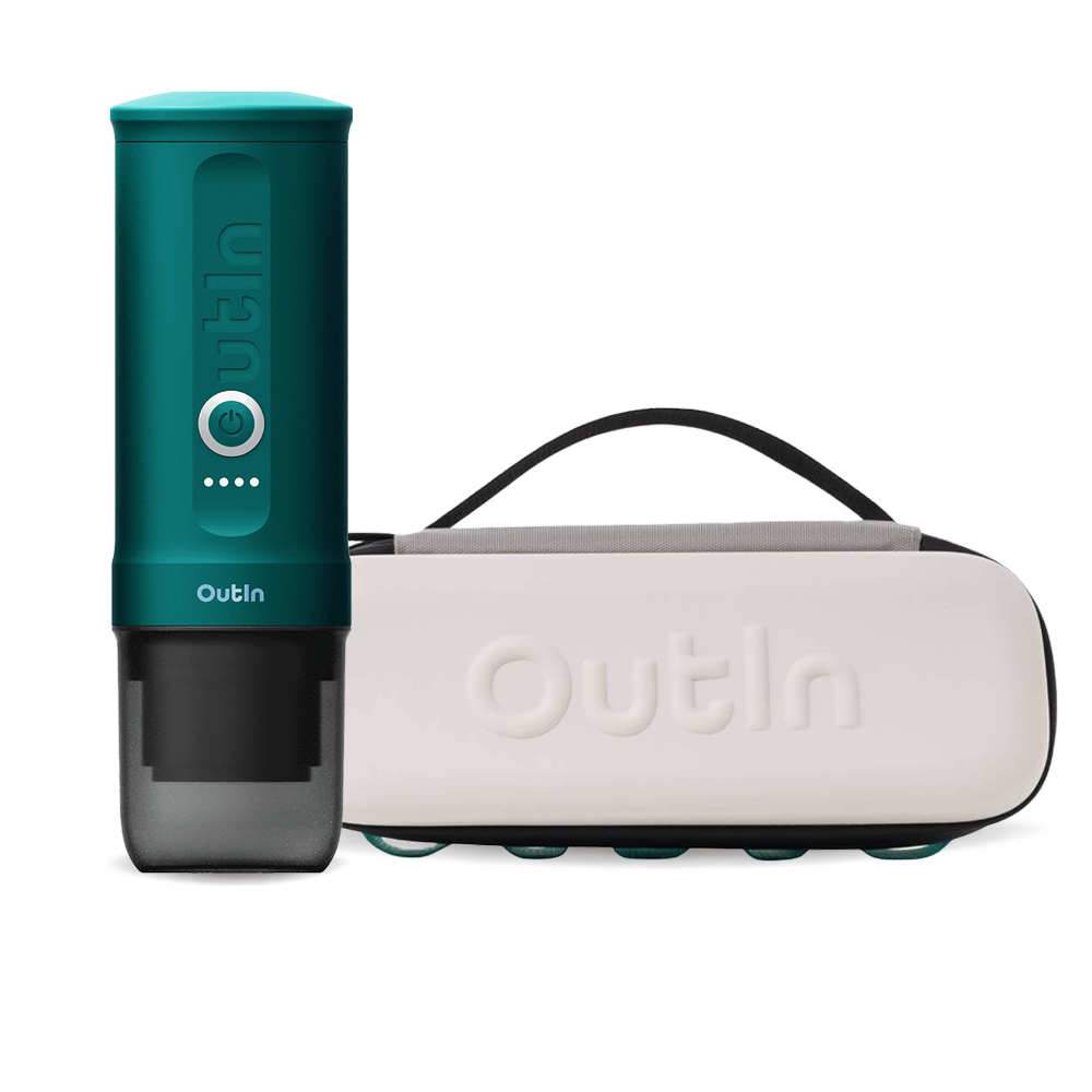 Outin Nano Portable Espresso Machine – Teal + Travel Case - Sand Beige