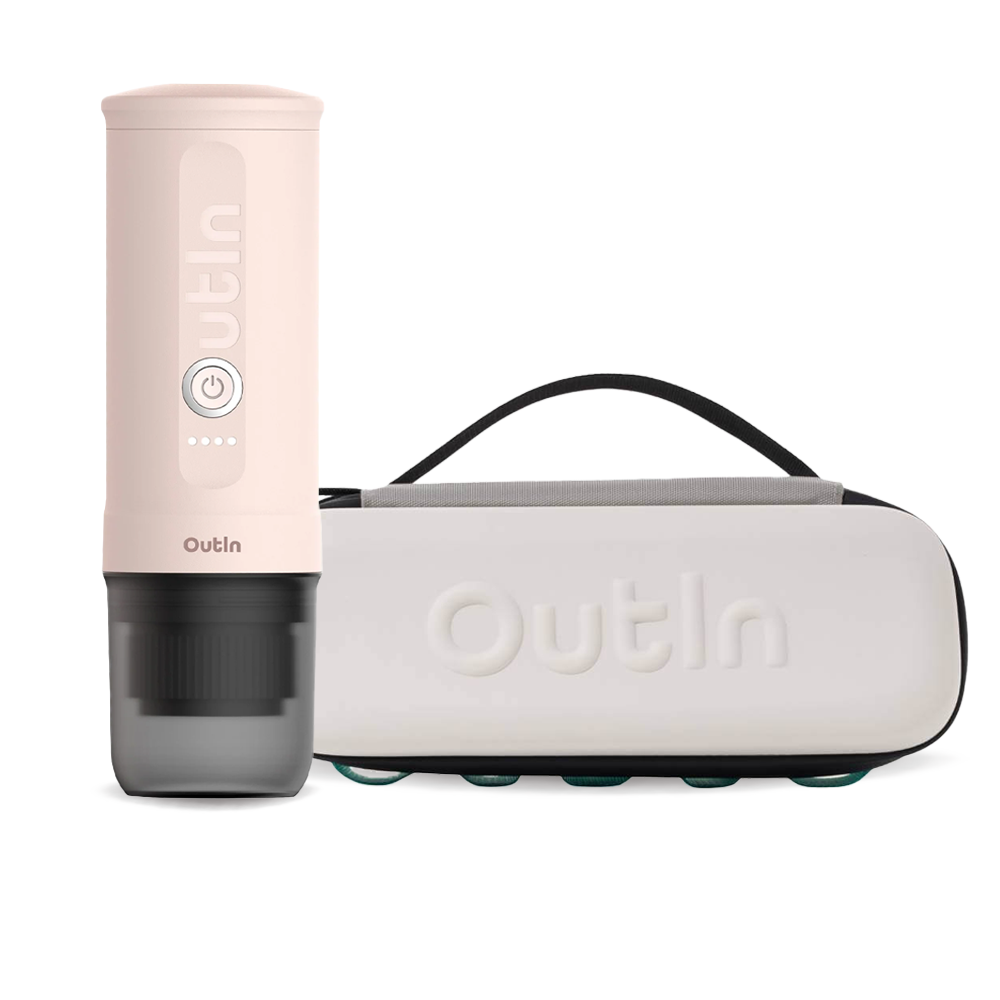 Outin Nano Portable Espresso Machine – Rose Quartz + Travel Case - Sand Beige