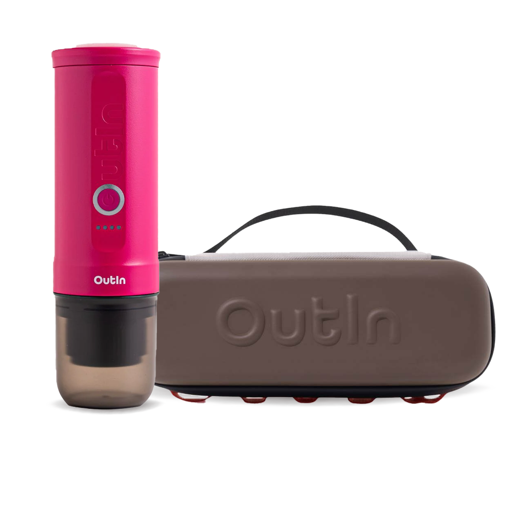 Outin Nano Portable Espresso Machine – Crimson Red + Travel Case - Maple Brown