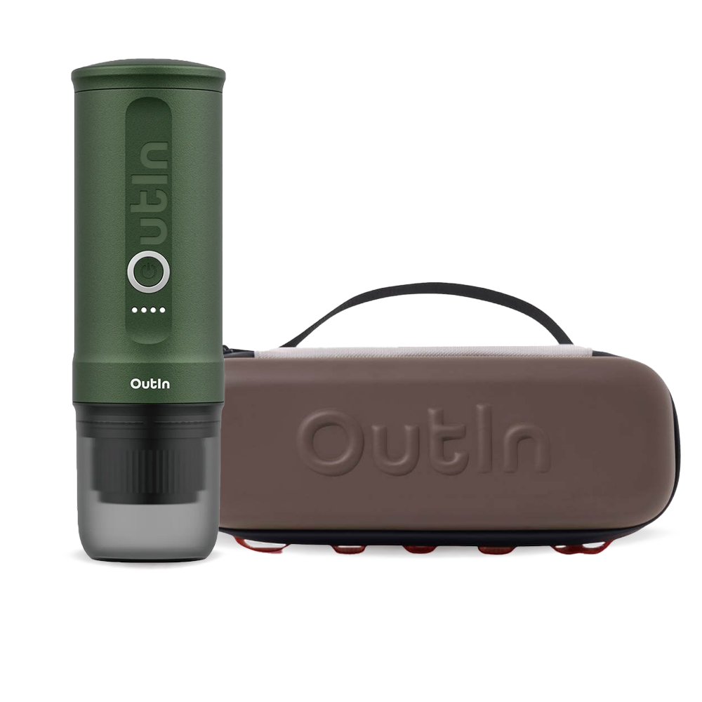 Outin Nano Portable Espresso Machine – Forest Green + Travel Case - Maple Brown