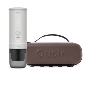 Outin Nano Portable Espresso Machine – Pearl White + Travel Case - Maple Brown