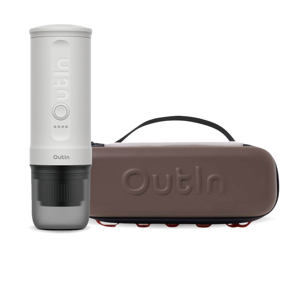 Outin Nano Portable Espresso Machine – Pearl White + Travel Case - Maple Brown