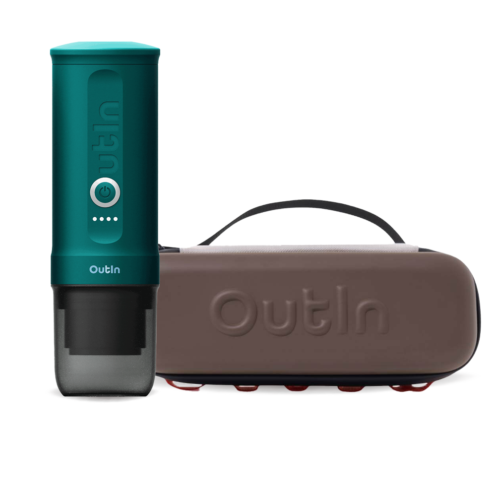 Outin Nano Portable Espresso Machine – Teal + Travel Case - Maple Brown