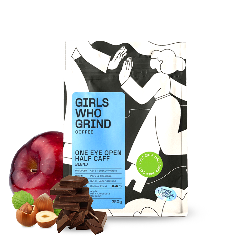 Specialty coffee Girls Who Grind Coffee ONE EYE OPEN HALF CAFF blend